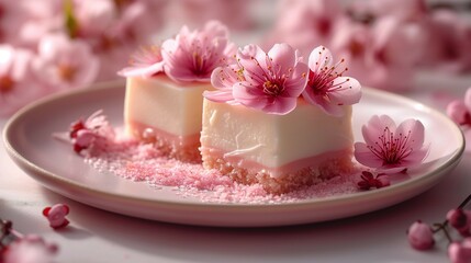 Obraz na płótnie Canvas Cherry blossom inspired dessert on light background. AI generate illustration
