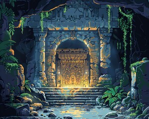 Pixel art ancient temple, explorers, traps, and treasures