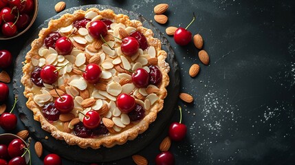 Cherry almond tart with sliced almonds and fresh cherries on top. AI generate illustration