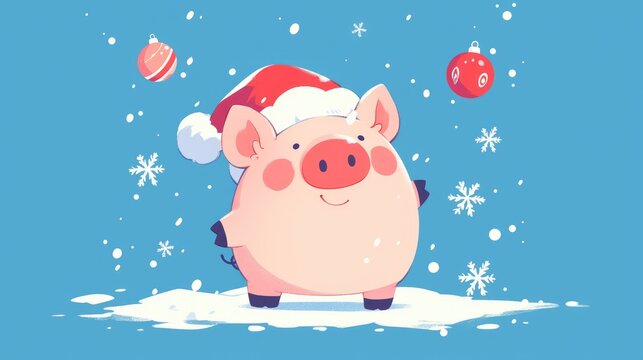 A charming and playful kawaii pig wearing a Christmas hat is depicted with a round body in a delightful flat design surrounded by whimsical snowflakes and set against a backdrop of shadows T