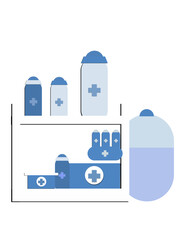 A white shelf with a variety of medical supplies including a bottle of medicine