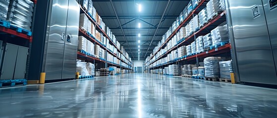 Efficient Cold Storage: A Symphony in Supply Chain Logistics. Concept Supply Chain Management, Cold Storage Solutions, Logistics Efficiency, Temperature-Controlled Warehousing - obrazy, fototapety, plakaty