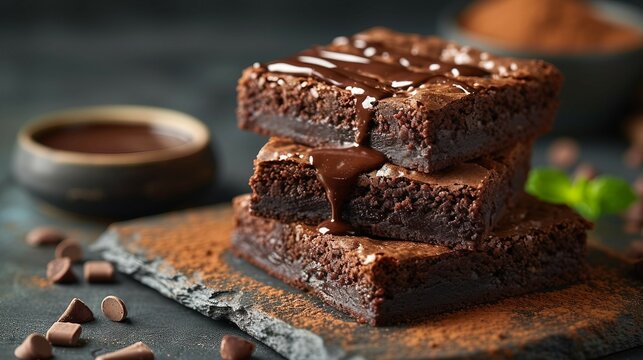 Brownies with a drizzle of chocolate ganache. AI generate illustration