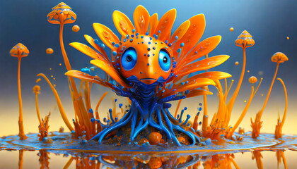 Alien creature, terraforma, flora, hyperdetailed, dripping orange and blue.