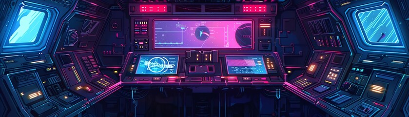 Obraz premium Pixel art spaceship interior, futuristic controls, neon lighting