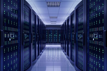 view Modern data center server room with blue lights, digital infrastructure concept