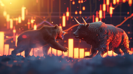 stock trading charts, bullish bull fighting bearish bear in stock market, Wall Art Design for Home Decor, 4K Wallpaper and Background for desktop computer