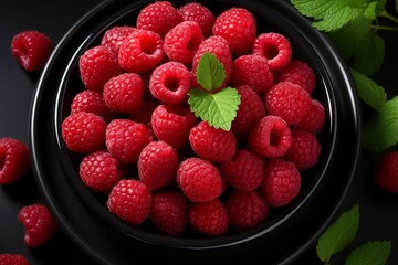 Fresh sweet raspberries in large cup on table - perfect fruit for sale, top view image