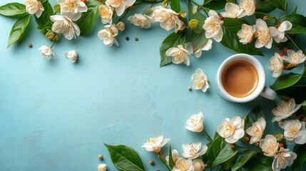 cup of coffee and  flowers arrangement - obrazy, fototapety, plakaty