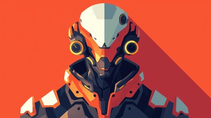 An flat icon featuring a futuristic robot concept with a striking long shadow effect