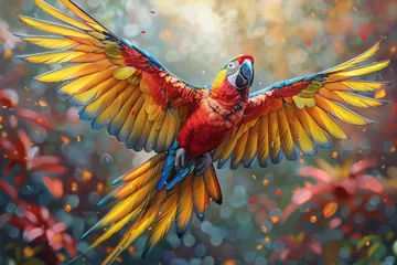 Foto op Canvas A colorful parrot with its wings spread wide, painted in the style of an oil painting by an unknown artist. Created with Ai © AllAbout