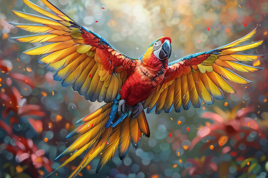 A colorful parrot with its wings spread wide, painted in the style of an oil painting by an unknown artist. Created with Ai