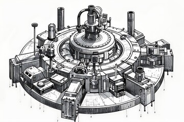 Drawing of a device. Black and white drawing of a mechanical device in isometric perspective. The particular device is an induction furnace for nickel metallurgy, an insulated cruci - obrazy, fototapety, plakaty