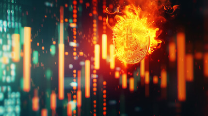 bitcoin on fire and Abstract trading charts, Wall Art Design for Home Decor, 4K Wallpaper and Background for Mobile Cell Phone, Smartphone, Cellphone, desktop, laptop, Computer, Tablet