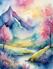 Watercolor landscape drawing. Colorful and idillyc scenery , brushstroke painting. Spring, nature, panorama.
