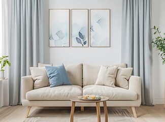 Beige sofa with pastel pillows against wall with posters and wooden side table in white living room interior with blue watercolor curtain