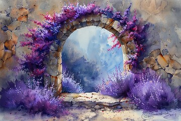Watercolor painting of a stone arch with lavender flowers draped over and around