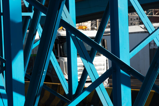 Large truck in the geometric blue lines