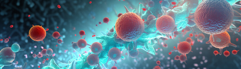 High magnification image showing a battle between immune cells and pathogens inside the human body, cellular details emphasized - obrazy, fototapety, plakaty