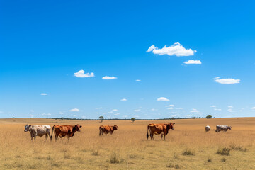 Herd of Nelore cattle grazing on the expansive grasslands of SA o Paulo, Brazil, with the vast blue sky in the background