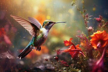 Hummingbird hovering near a wildflower, wings in rapid motion, showcasing the dynamic energy of tiny wildlife - obrazy, fototapety, plakaty
