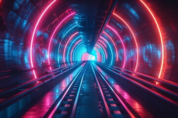 Neonlit tunnels with moving light trails in red and blue, simulating fast data transmission through cybernetic channels