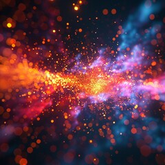 Visual simulation of a particle collision, digital code binary, vibrant colors exploding against a backdrop of dark space in a physics experiment