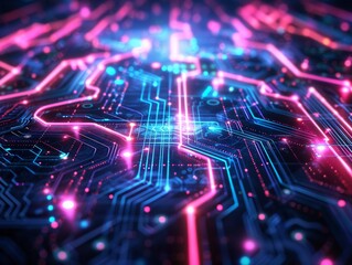 Obraz premium Vivid neon circuitry sprawling across a dark void, lines glowing intensely in electric blue and vivid pink, suggesting an advanced digital world