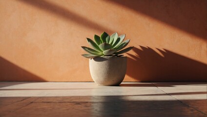 Succulent shadow on painted apricot concrete background - D Rendering.
