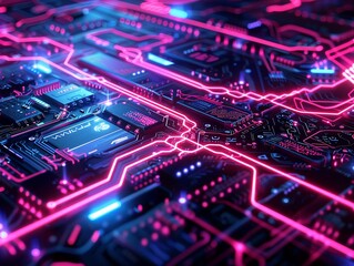 Fototapeta premium Vivid neon circuitry sprawling across a dark void, lines glowing intensely in electric blue and vivid pink, suggesting an advanced digital world