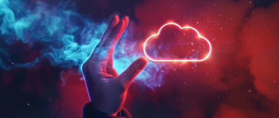 A hand holding up an illuminated neon cloud symbol against a dark background, representing the concept of digital storage and multi-cloud use in business technology Generative AI - obrazy, fototapety, plakaty