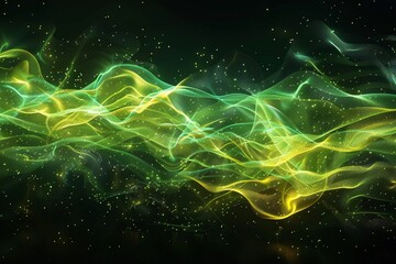 Abstract visualization of sound waves in fluorescent green and yellow against a pitchblack background, simulating dynamic movement
