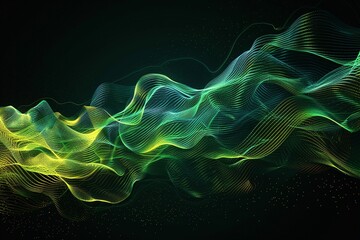 Fototapeta premium Abstract visualization of sound waves in fluorescent green and yellow against a pitchblack background, simulating dynamic movement