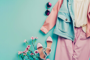 Top view of female clothes and accessories on pastel blue background with copy space