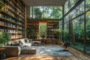 Living room interior design with wooden  floor, sofa set and shelfs. Createdd with Ai