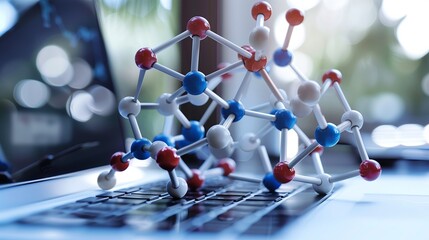 Pharmaceutical advances in drug development visualized through a molecular model on a laptop.
