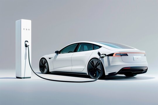 Clean Mobility Concept: White Electric Vehicle at Sleek Charging Station