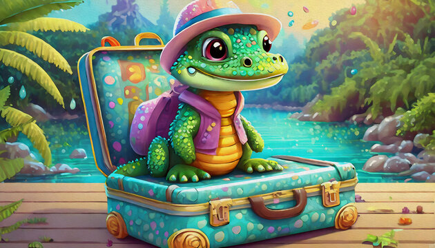 oil painting style cartoon character cute baby crocodile sitting on open suitcase the pet in the trip