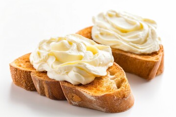 toasted bread with cream cheese isolated on a white background, toasted bread with cream isolated, toasted breakfast, cream and toast breakfast, healthy breakfast, breakfast with toasted bread 