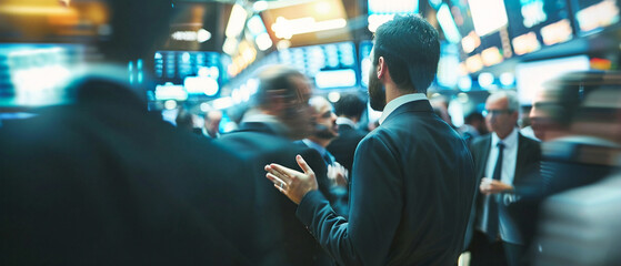 Crowded stock exchange floor with traders making gestures and communicating with each other.