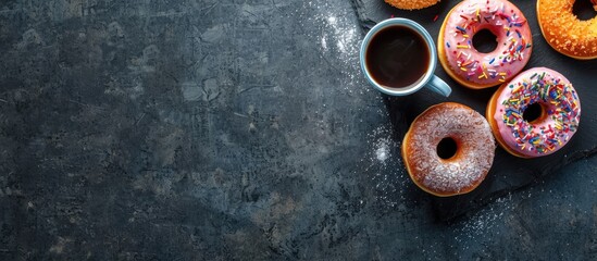 Donuts and coffee arranged on a stone table seen from above, with space for text.