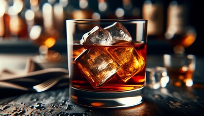 Classic Old Fashioned in a heavy glass, focus on the rich amber liquid, ice cubes visible, bar blurred in the background.. AI generated. - obrazy, fototapety, plakaty