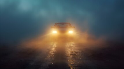 Misty Road Serenade: A Vehicle's Luminous Journey. Concept Adventure, Travel, Exploration, Nature, Photography