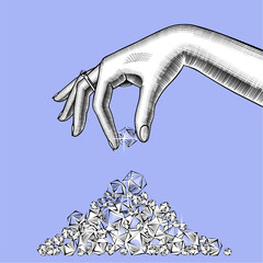 Woman's hand puts a stack of diamonds in a pile. Vintage engraving stylized drawing. Vector illustration