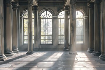 Grey room with columns, light filters through glass window. A gray room with wooden columns and a soft light filtering through the window. Tints