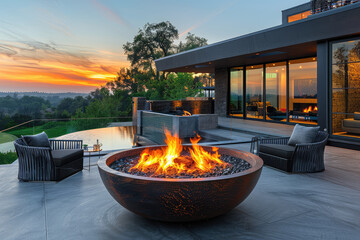 An elegant bowl-shaped fire pit on the patio of an opulent home, with sunset hues painting over the landscape in California's hills. Created with Ai - obrazy, fototapety, plakaty