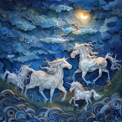Unicorns at night under the moonlight in grassland mystic background