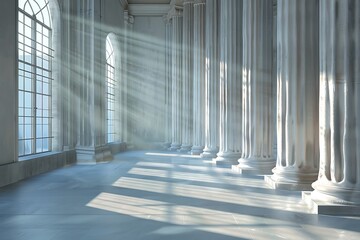 Grey room with columns, light filters through glass window. A gray room with wooden columns and a soft light filtering through the window. Tints and shades create artful shadows
