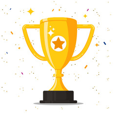 Gold trophy cup with confetti flat vector illustration design isolated on white background