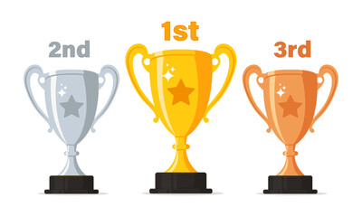 Set of three different colors of trophy cups with positions flat vector illustration design.